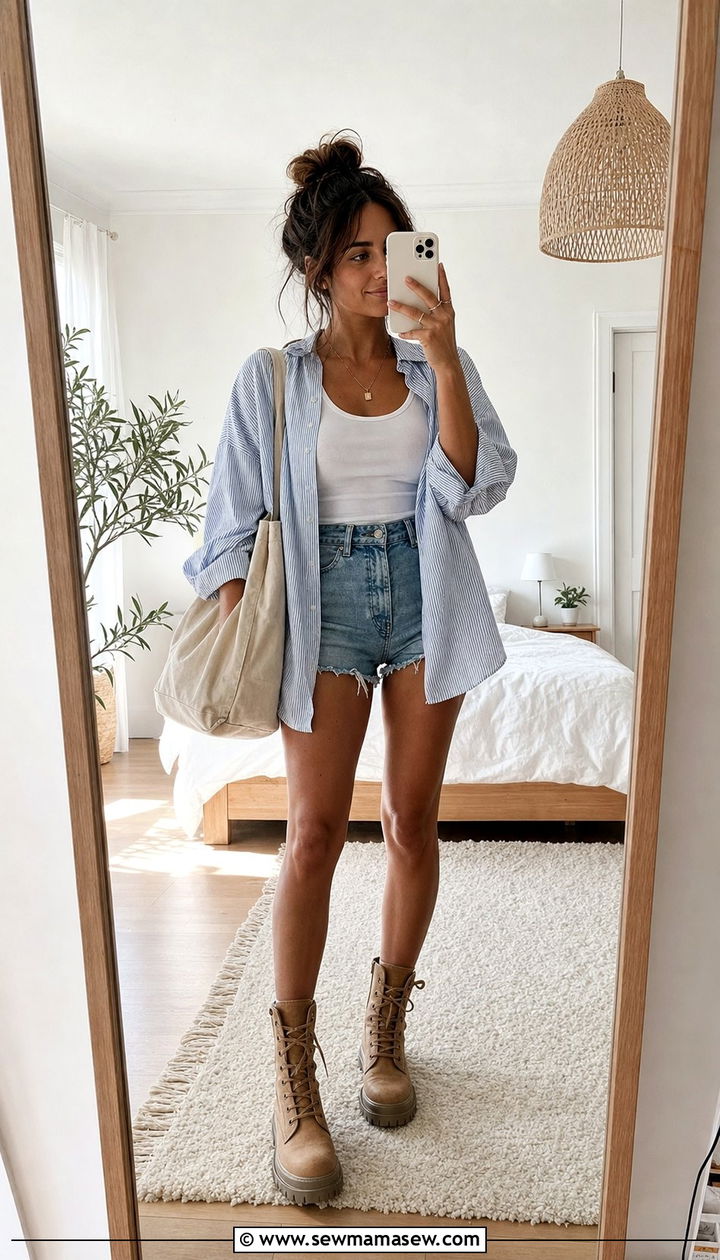 Denim shorts and oversized button down with combat boots - 25 Summer outfits with combat boots