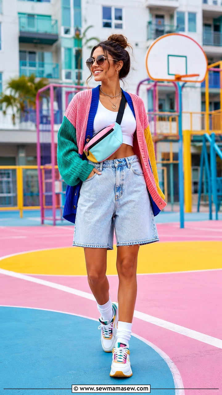 Denim shorts with color block cardigan and retro sneakers - 30 Denim shorts outfit ideas with a cardigan
