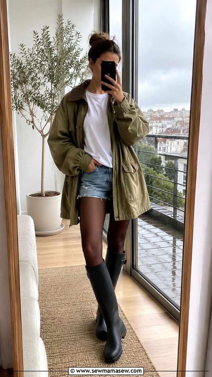 Denim shorts with oversized jacket and rain boots - 30 Rainy day weekend outfit ideas