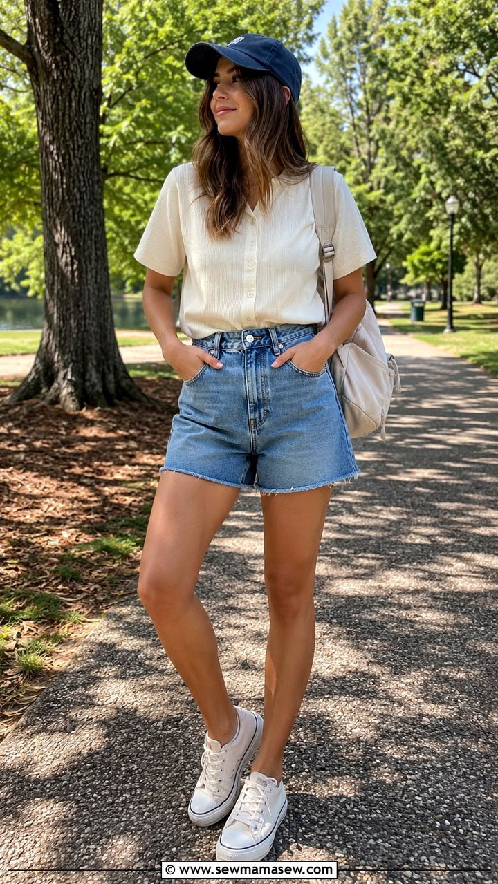 Denim shorts with short sleeve cardigan and canvas sneakers - 30 Denim shorts outfit ideas with a cardigan