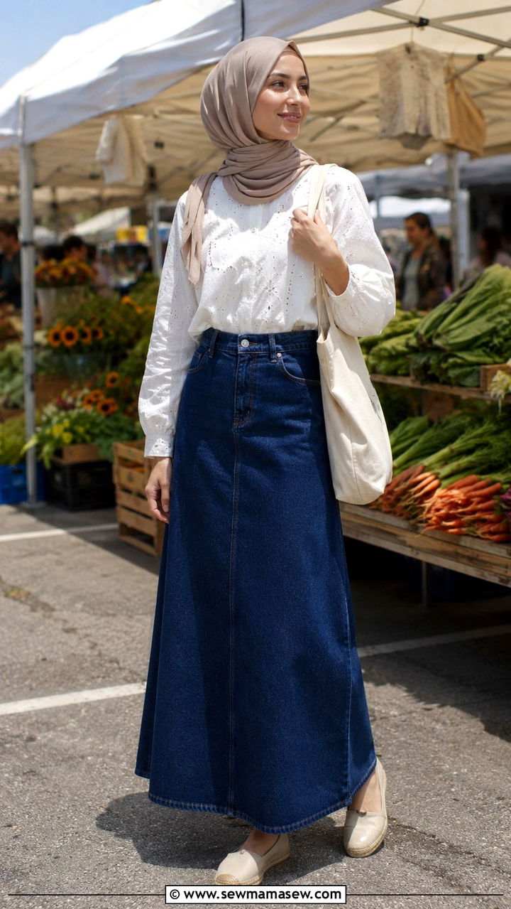 Denim skirt and blouse hijab outfit - 30 hijab outfit ideas