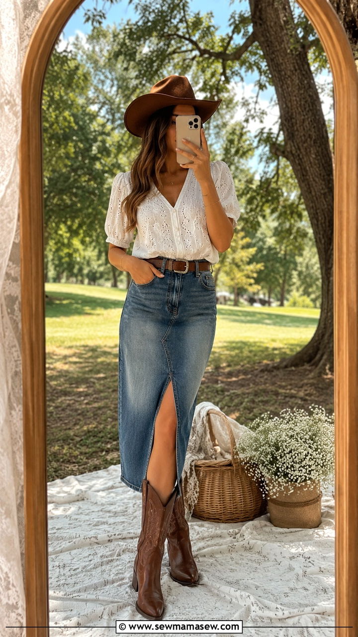Denim skirt and cowboy hat outfit - 25 Western outfit ideas with cowboy hat
