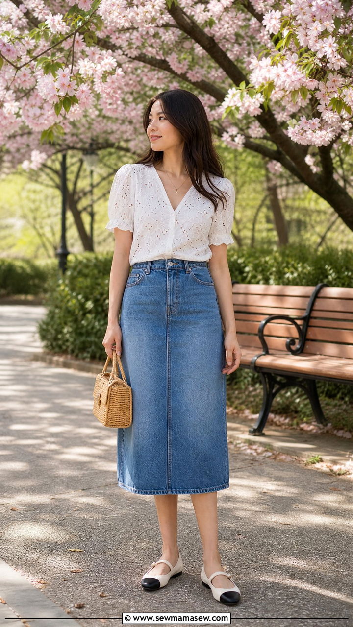 Denim skirt and eyelet top park outfit - 25 Spring park outfits