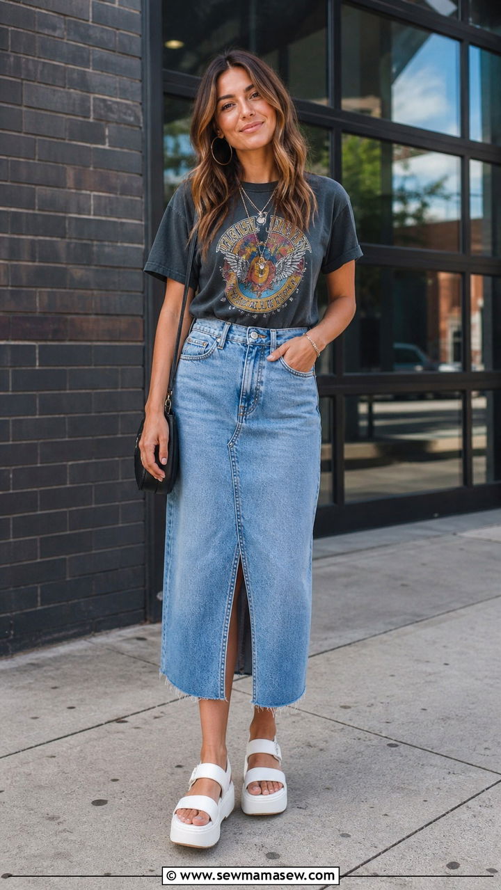 Denim skirt and graphic tee with platform sandals - 40 platform sandals outfit ideas