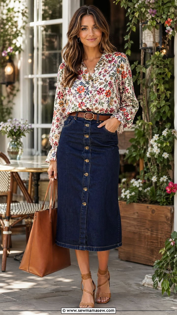 Denim skirt and printed blouse for family reunion - 35 Family reunion outfit ideas
