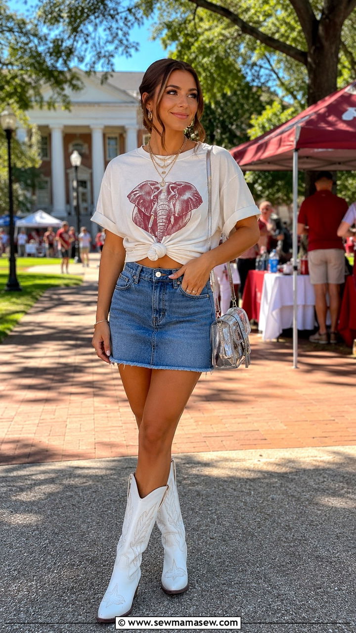 Denim skirt with Alabama graphic tee - 20 Gameday outfit ideas Alabama