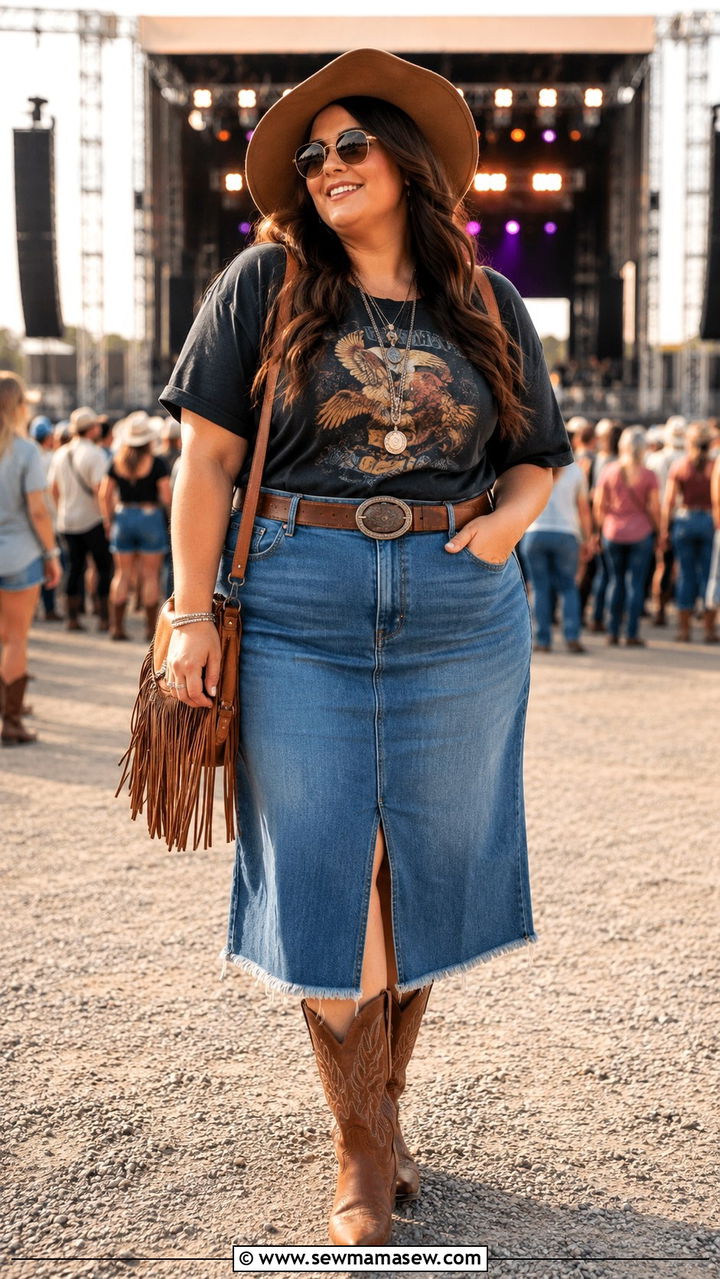 Denim skirt with graphic tee outfit - 30 plus size country concert outfit ideas
