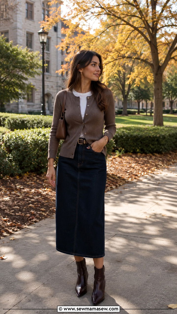 Denim skirt with knit cardigan outfit - 30 Preppy college outfit ideas
