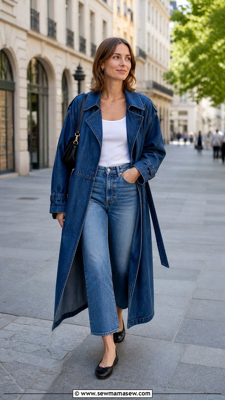 Denim trench coat and cropped jeans with ballet flats - 40 Denim on denim outfit ideas