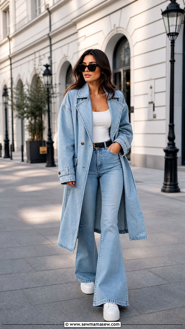Denim trench coat with flare jeans for a double denim moment - 30 Flare jeans outfit ideas with a trench coat