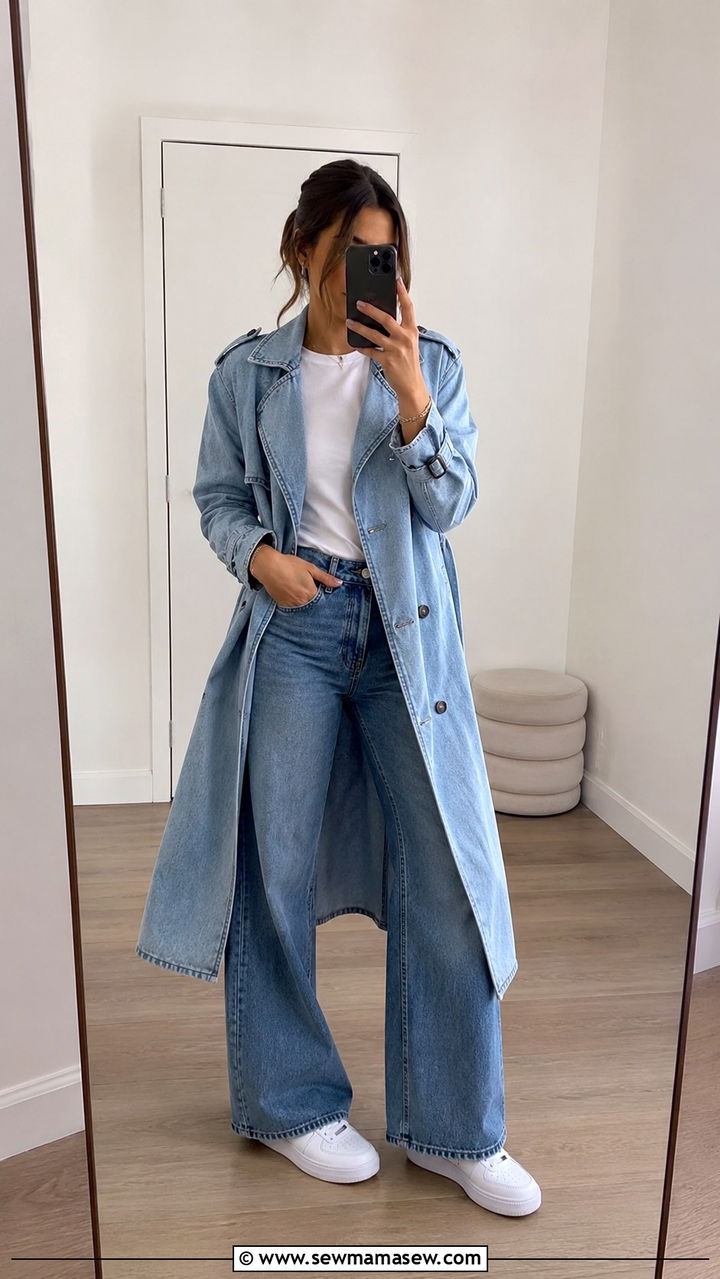 Denim trench with wide leg jeans - 20 Wide leg jeans outfit ideas with a trench coat