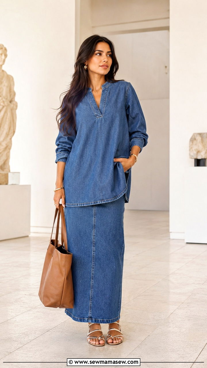 Denim tunic top with denim leggings skirt outfit - 30 Denim skirt and denim top outfit ideas