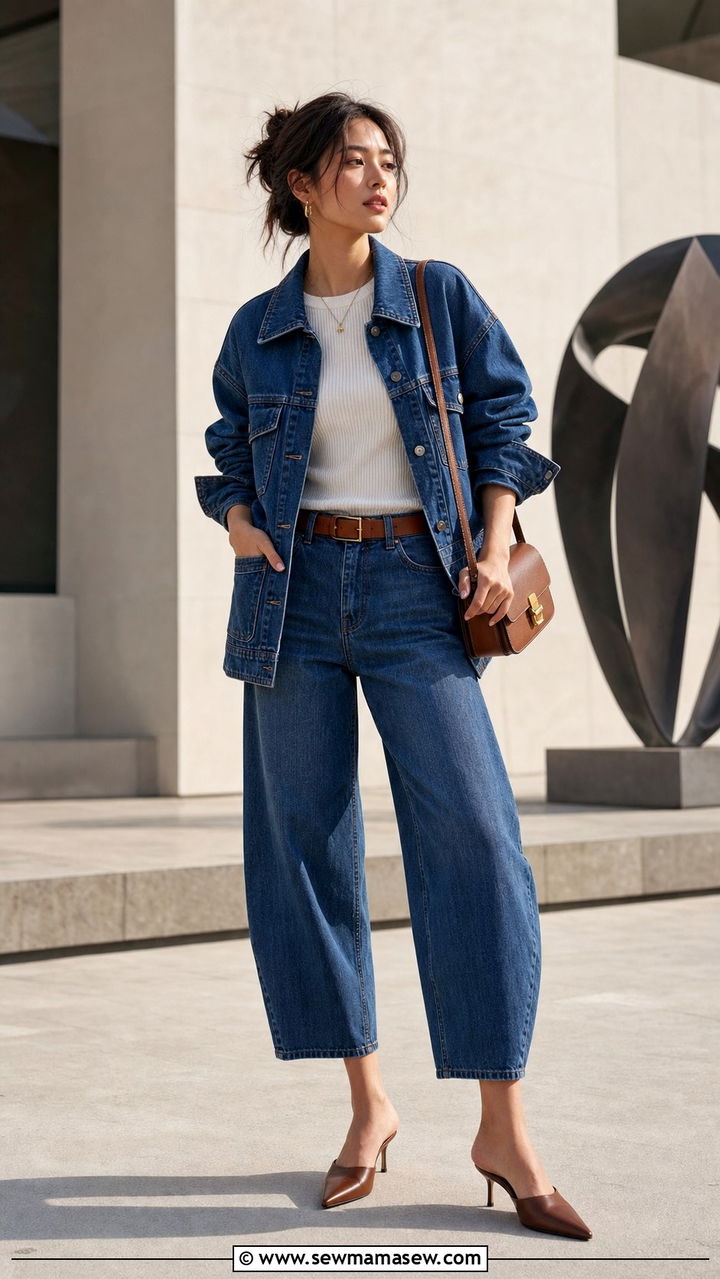 Denim utility jacket with barrel leg jeans - 25 Double denim outfit ideas petite