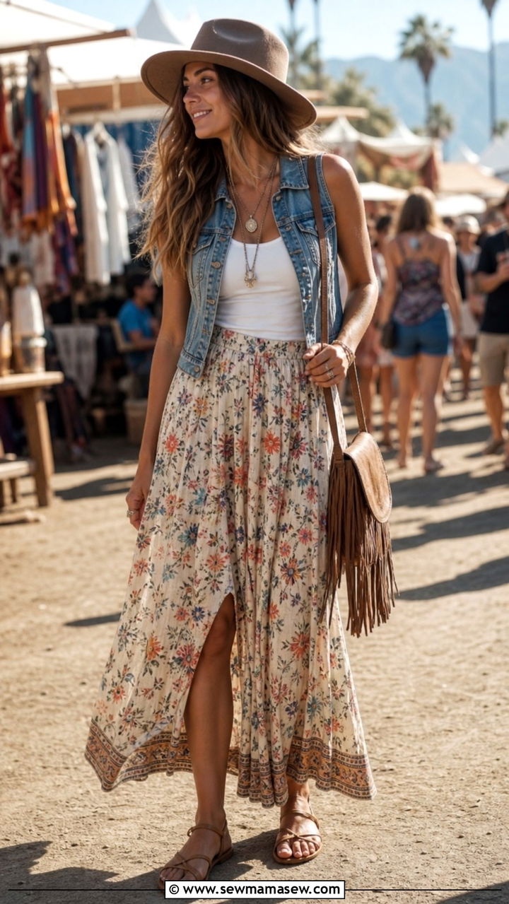 Denim vest and floral maxi skirt spring outfit - 40 Casual spring outfits
