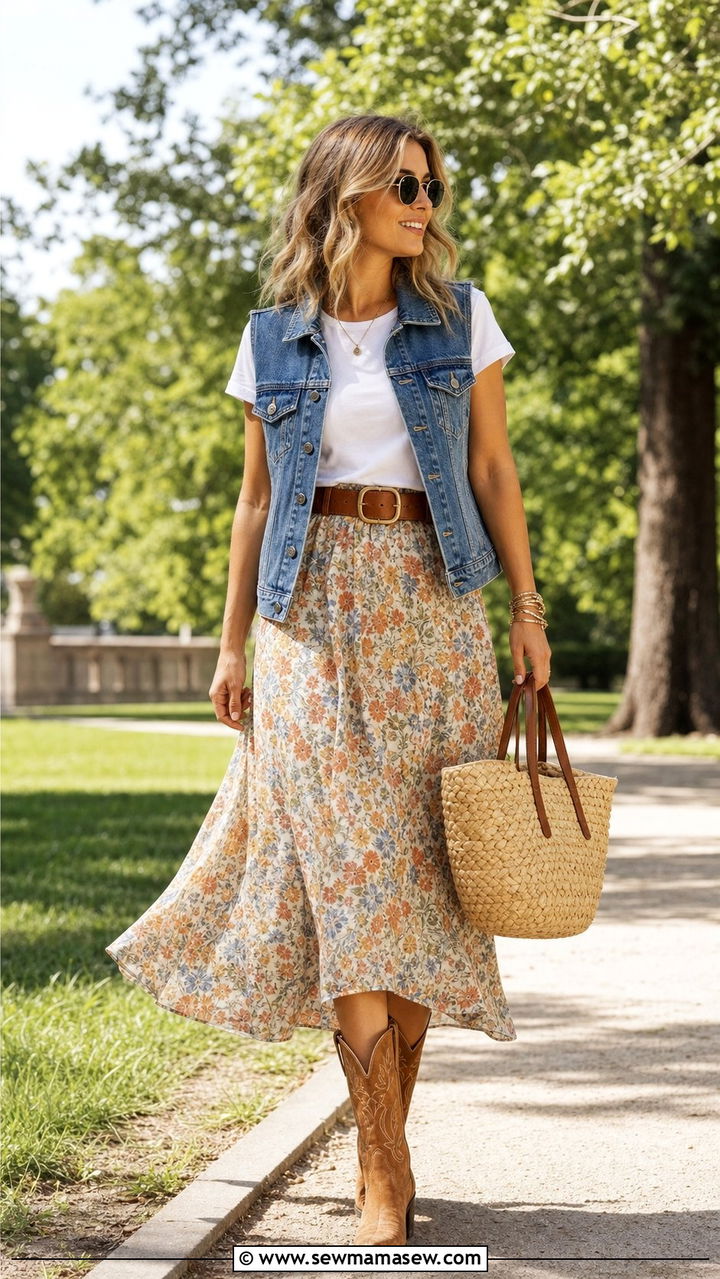 Denim vest and flowy midi skirt - 25 classy western outfit ideas