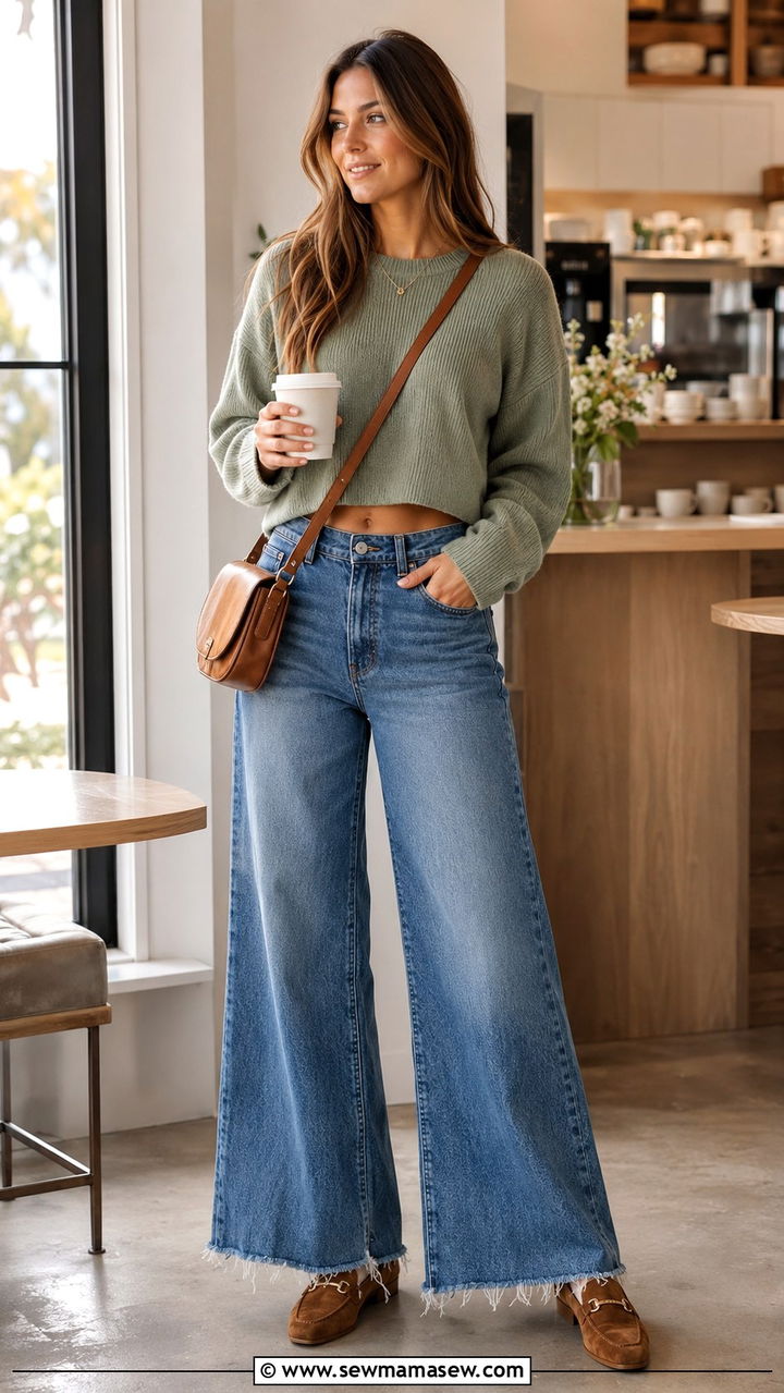 Denim wide leg jeans with cropped sweater - 30 spring wide leg pants outfit ideas
