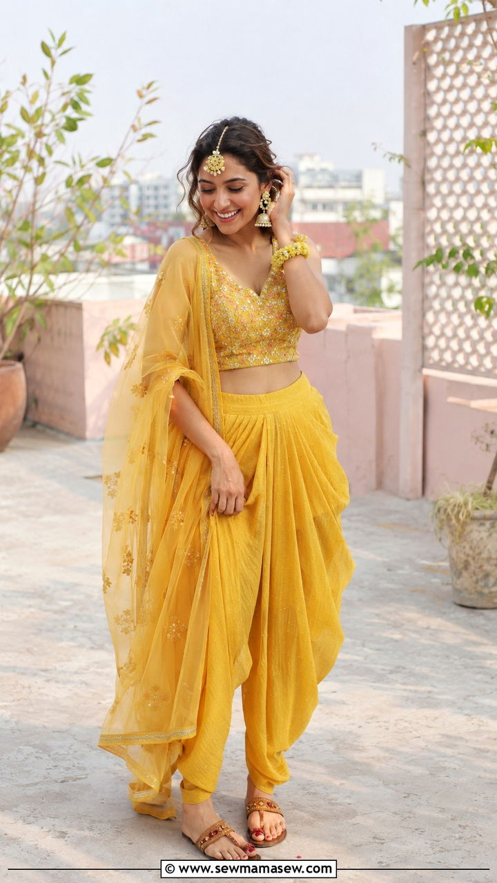 Dhoti Pants And Embroidered Top With Floral Maang Tikka - 20 Wedding guest outfit ideas Haldi ceremony