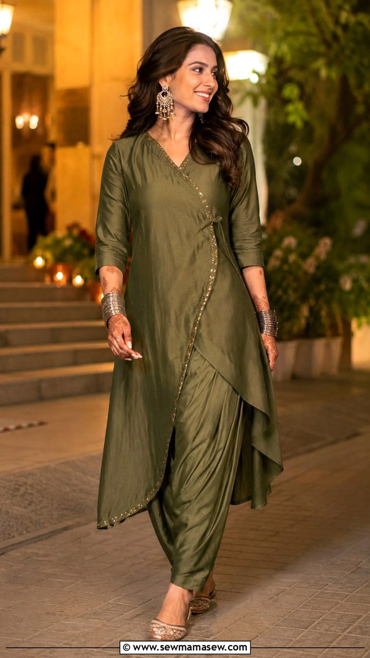 Dhoti Pants with Asymmetric Kurta in Olive Green - 25 Wedding guest outfit ideas Mehndi ceremony