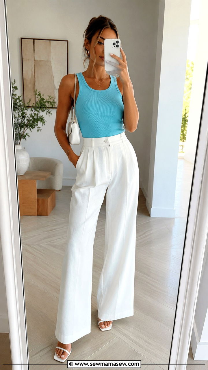 Digital Aqua Top White Trousers Summer Outfit 2026 - 20 summer outfits 2026 women trends