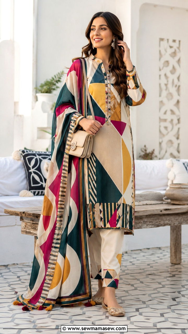 Digital Printed Lawn Suit with Khussa - 30 Karachi outfit ideas
