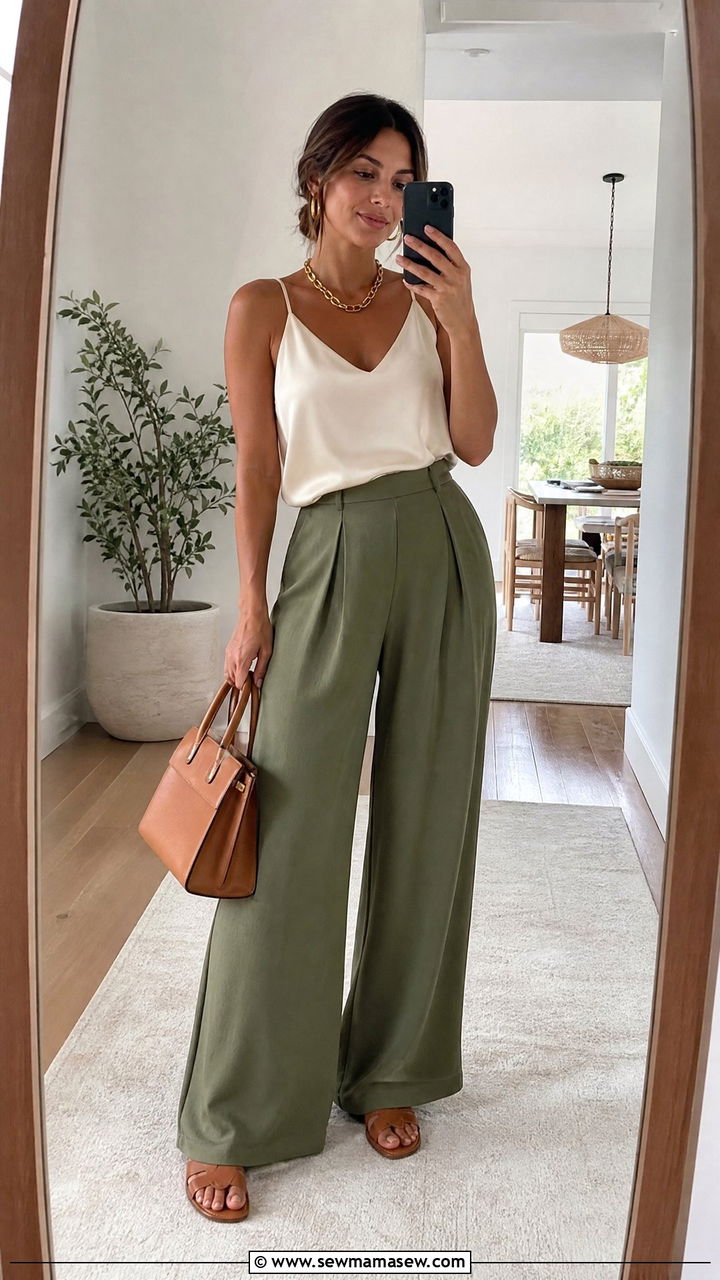 Dill Green Wide Leg Trousers with Cream Tank - 30 summer colorful outfit ideas