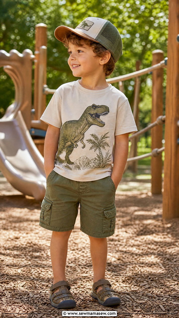 Dinosaur tee cargo shorts preschool outfit - 30 Preschool outfit ideas