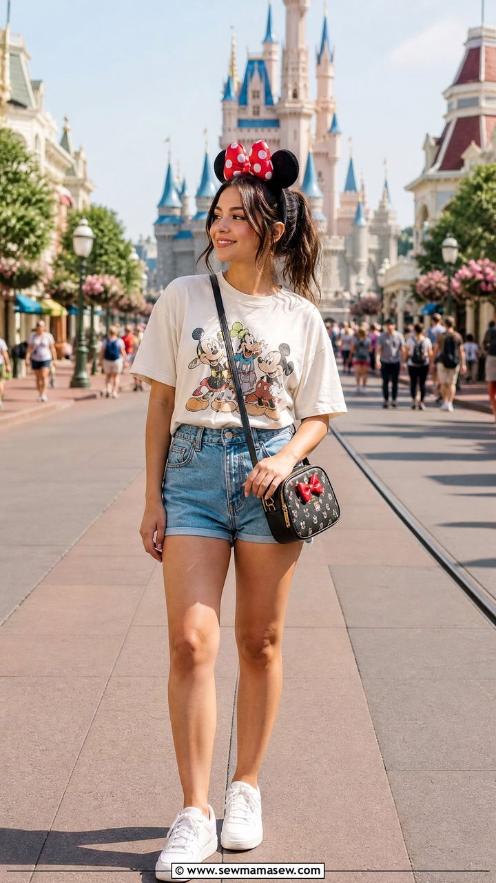 Disney Graphic Tee and Denim Shorts Outfit - 40 What to wear in Disneyland