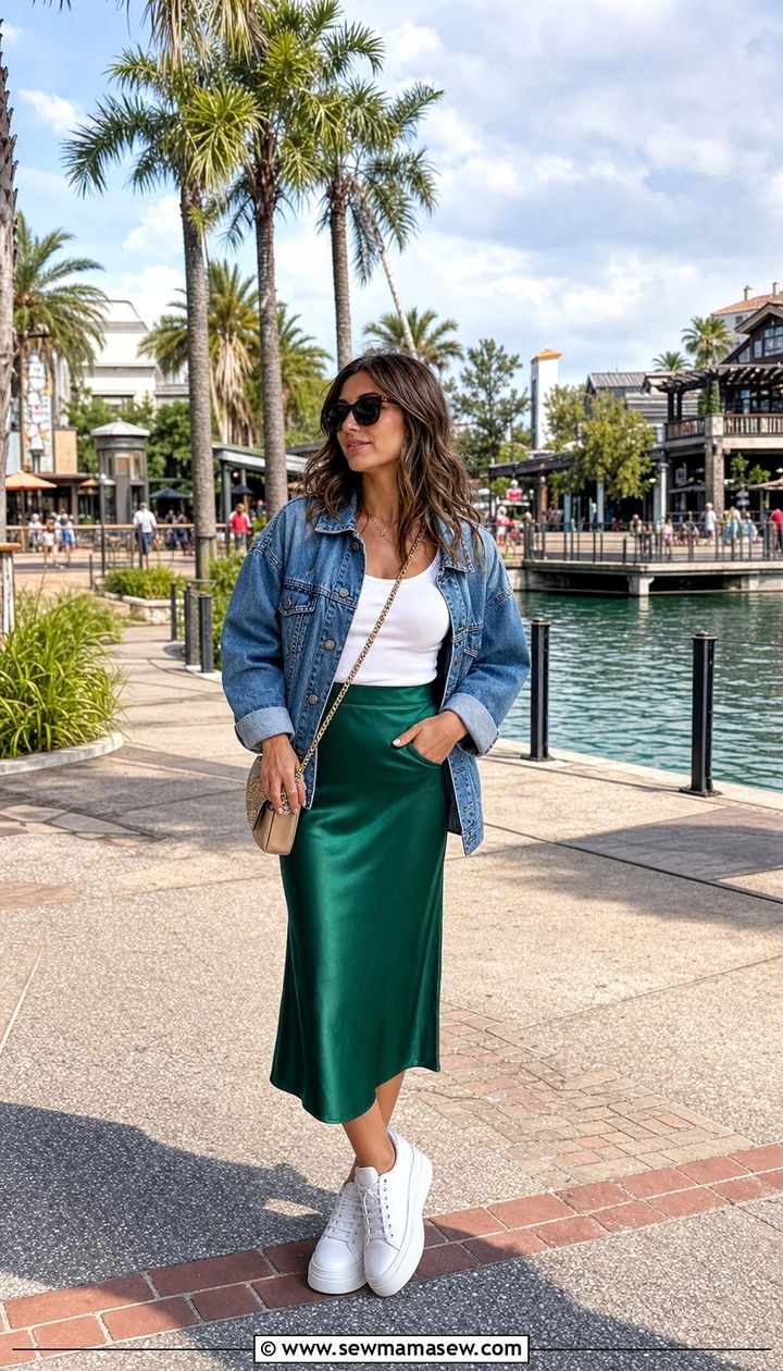 Disney World Denim Jacket and Satin Midi Skirt - 25 Disney World outfit ideas 2026