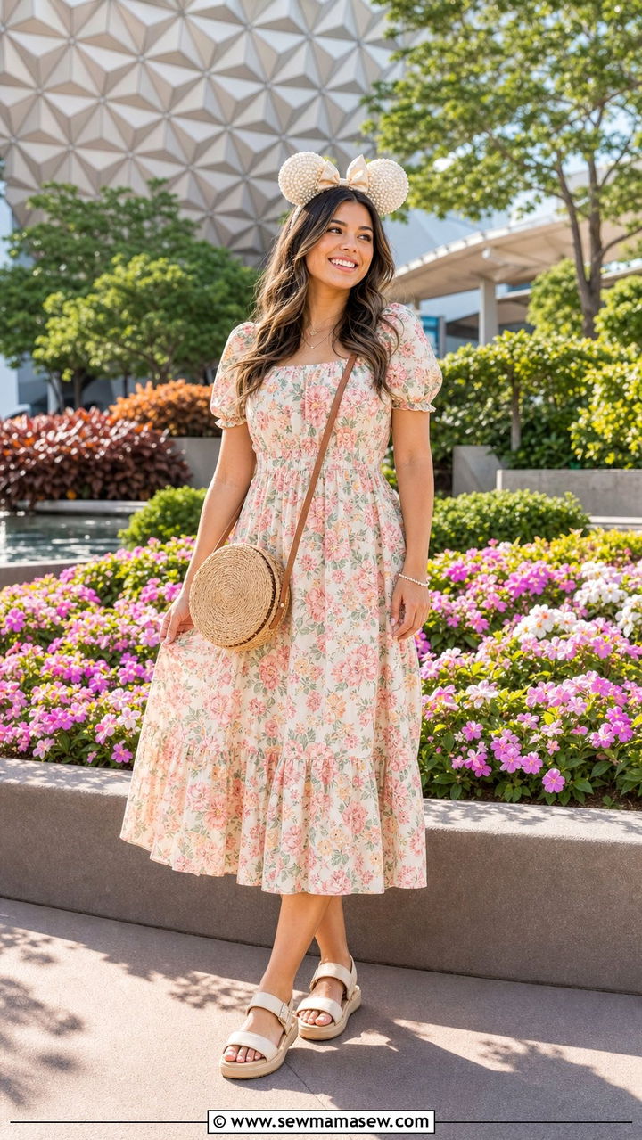 Disney World Flowy Midi Dress and Comfort Sandals - 25 Disney World outfit ideas 2026