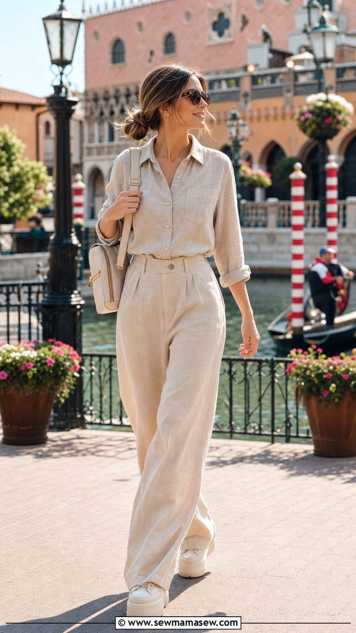 Disney World Linen Button Down and Wide Leg Trousers - 25 Disney World outfit ideas 2026
