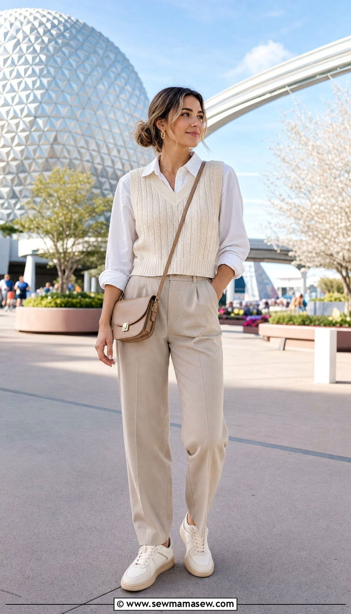 Disney World Sweater Vest and High Waist Trousers - 25 Disney World outfit ideas 2026