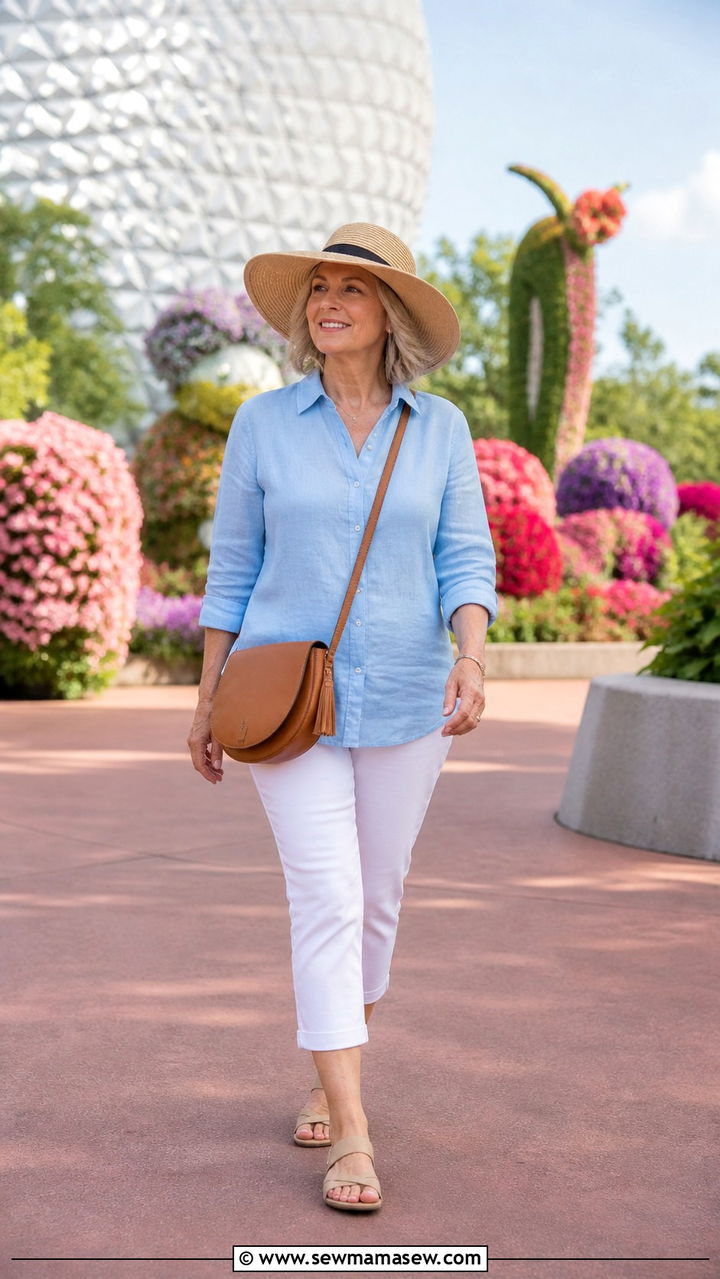 Disney World outfit for women over 50 with capri pants and linen blouse - 40 What to wear in Disney World