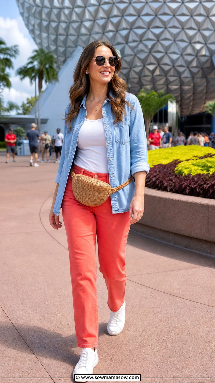 Disney World outfit with chambray shirt and colored jeans - 40 What to wear in Disney World