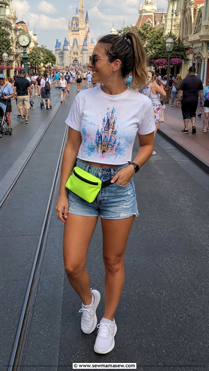 Disney World outfit with denim shorts and graphic tee - 40 What to wear in Disney World