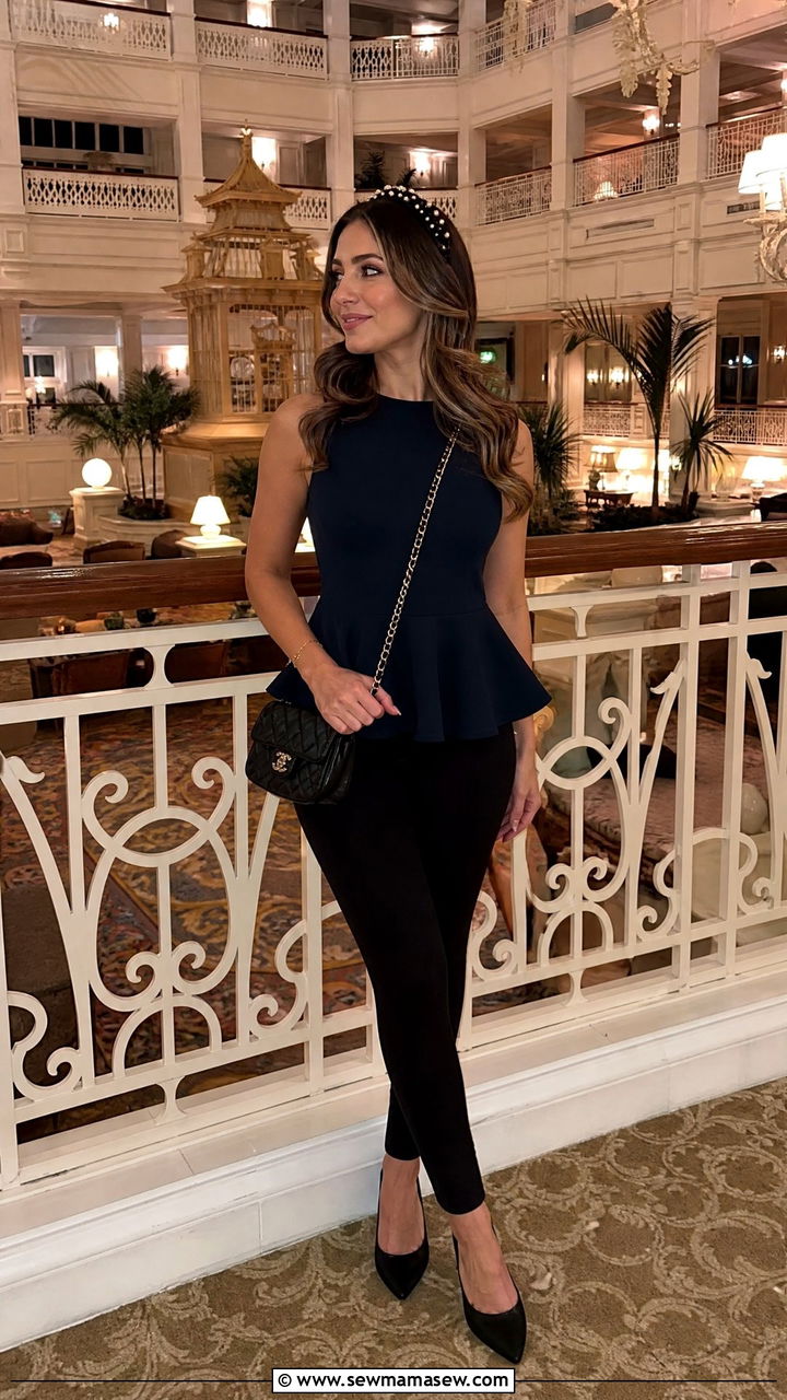Disney World outfit with peplum top and black jeggings - 40 What to wear in Disney World