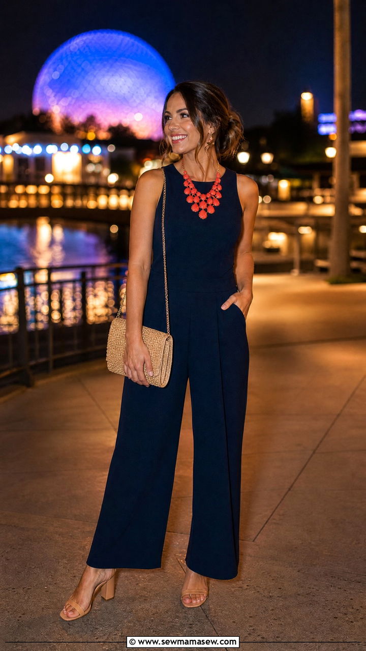 Disney World outfit with sleeveless jumpsuit and statement necklace - 40 What to wear in Disney World