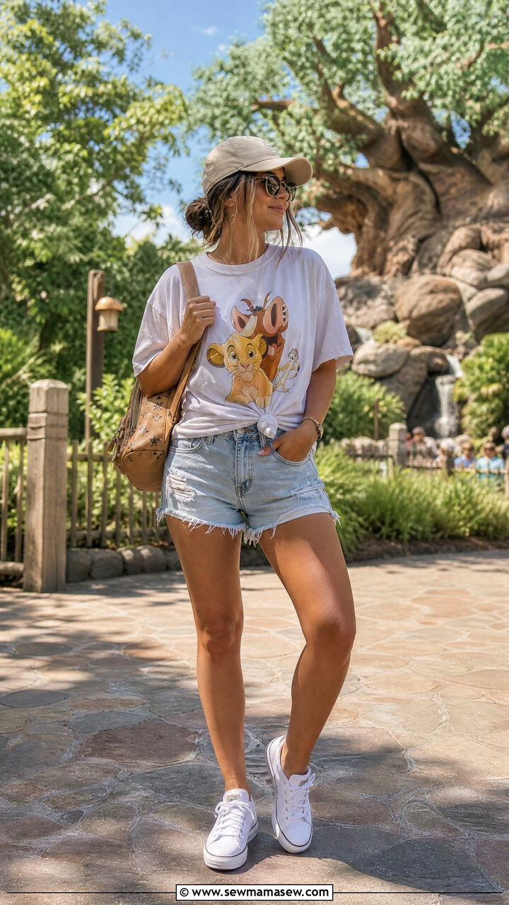 Disney graphic tee with denim shorts outfit - 25 Animal Kingdom outfit ideas