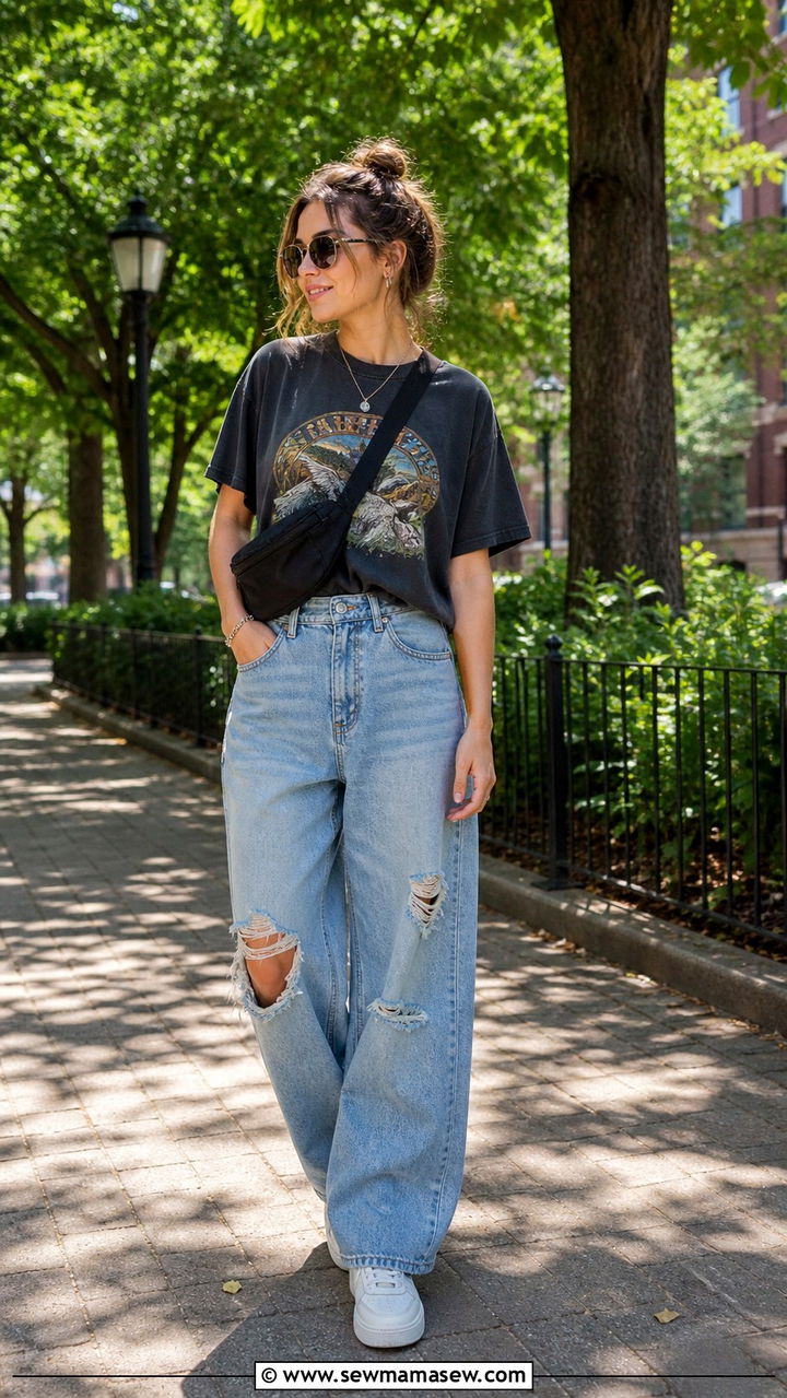 Distressed Baggy Jeans With Graphic Tee And Sneakers - 40 summer jeans outfit ideas