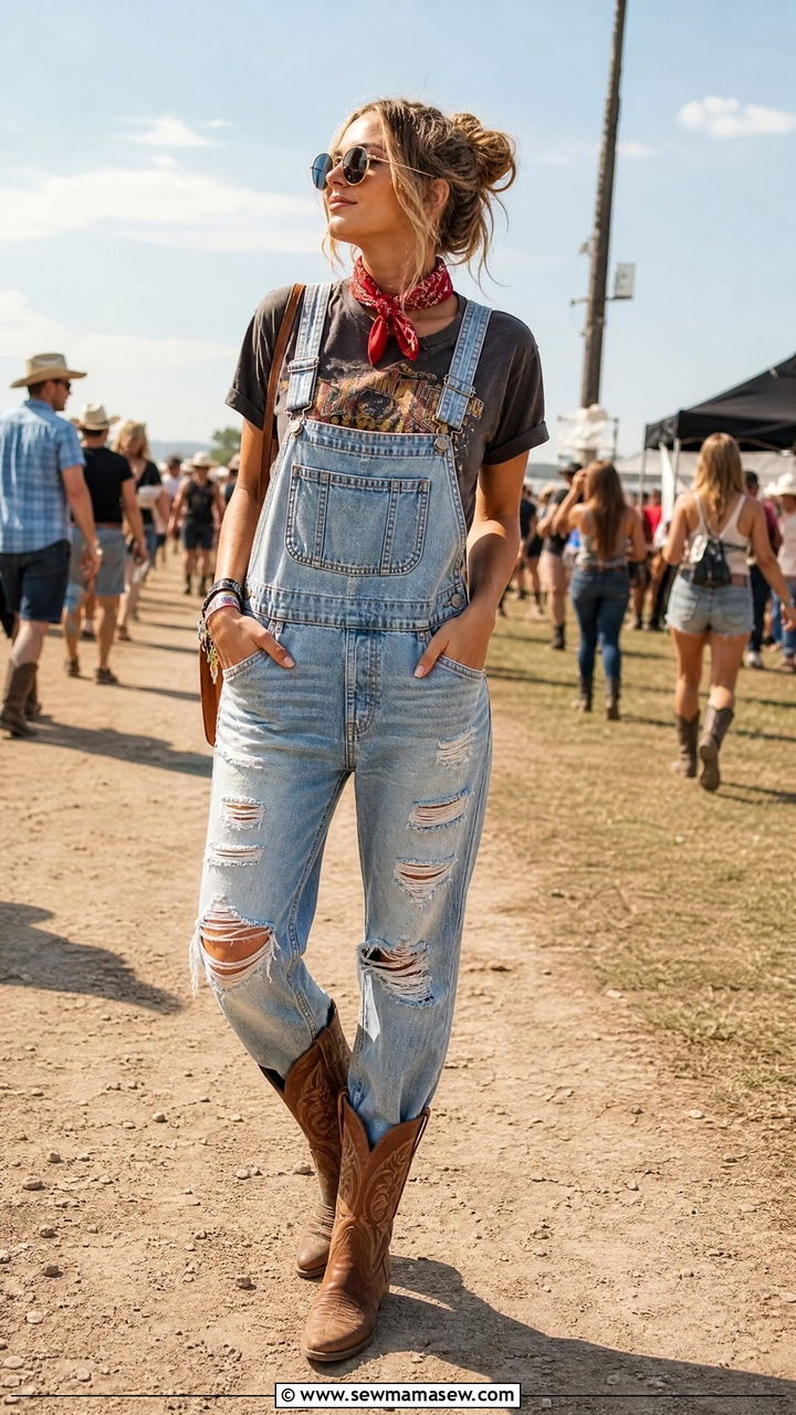 Distressed Bib Overalls With Classic Graphic Tee - 30 Country music festival outfit ideas 2026