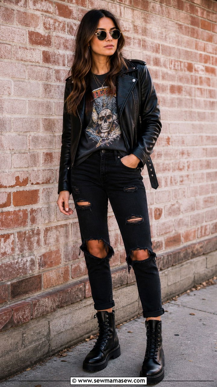 Distressed Black Jeans Leather Jacket Outfit - 40 black jeans outfit ideas