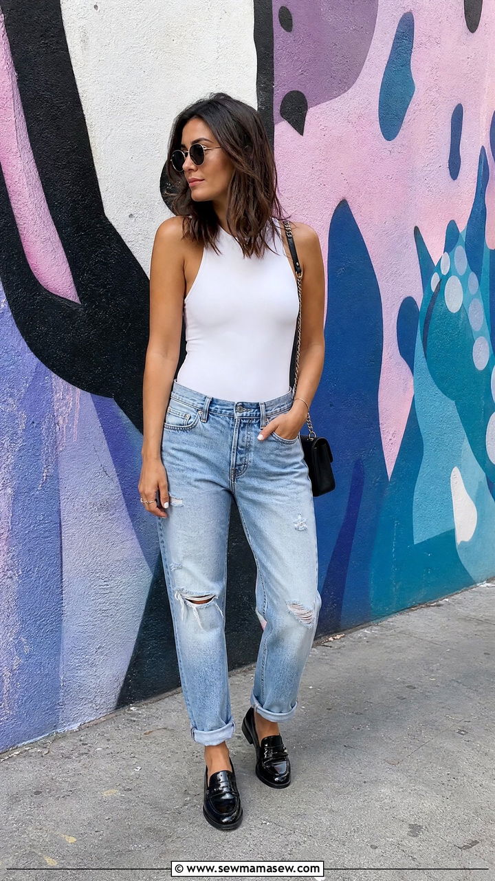 Distressed Boyfriend Jeans With Loafers - 25 Boyfriend jeans outfit ideas with loafers