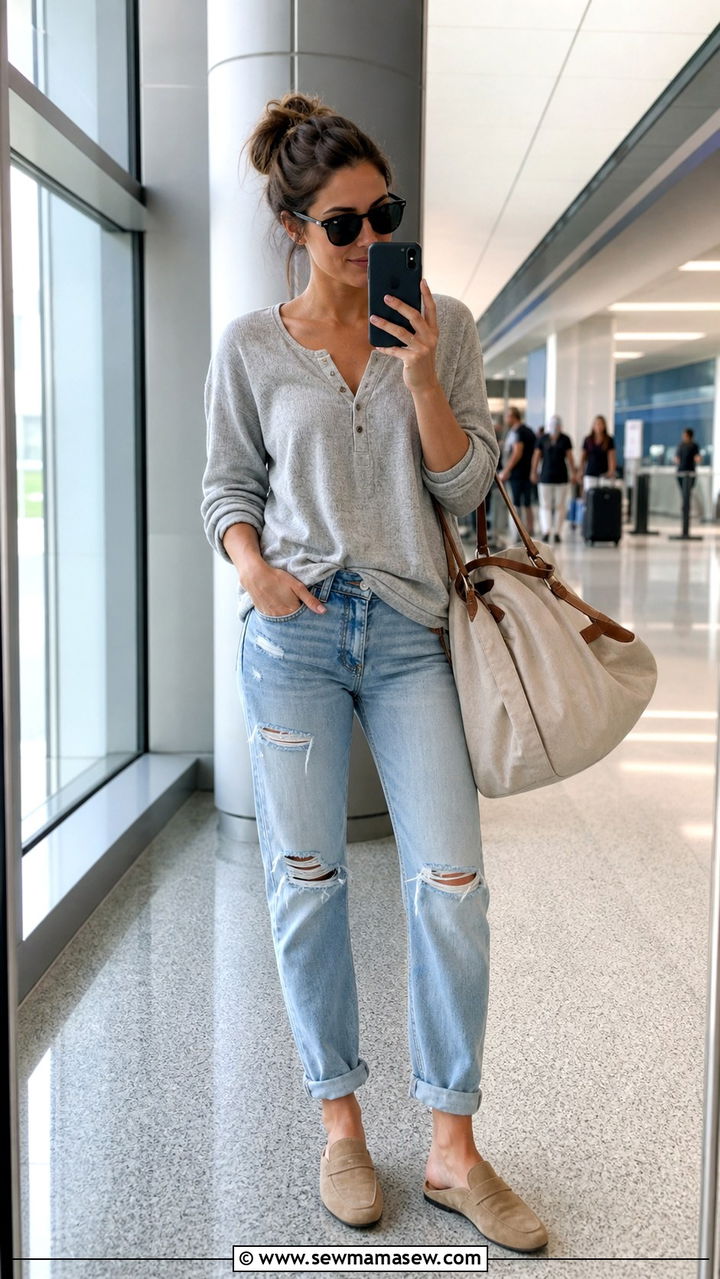 Distressed Boyfriend Jeans and Soft Henley Airport Outfit - 40 travel outfits ideas