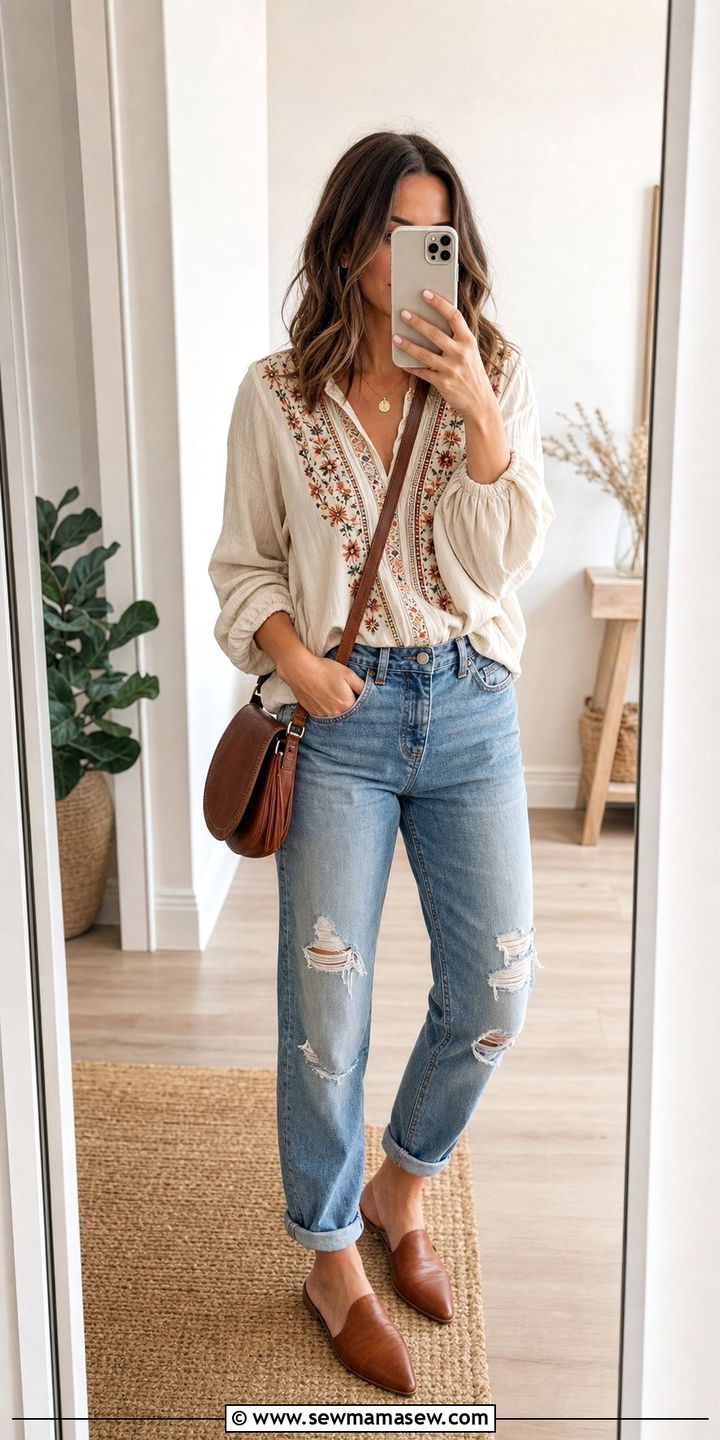 Distressed Boyfriend Jeans with Embroidered Blouse and Mules - 35 casual boho outfits