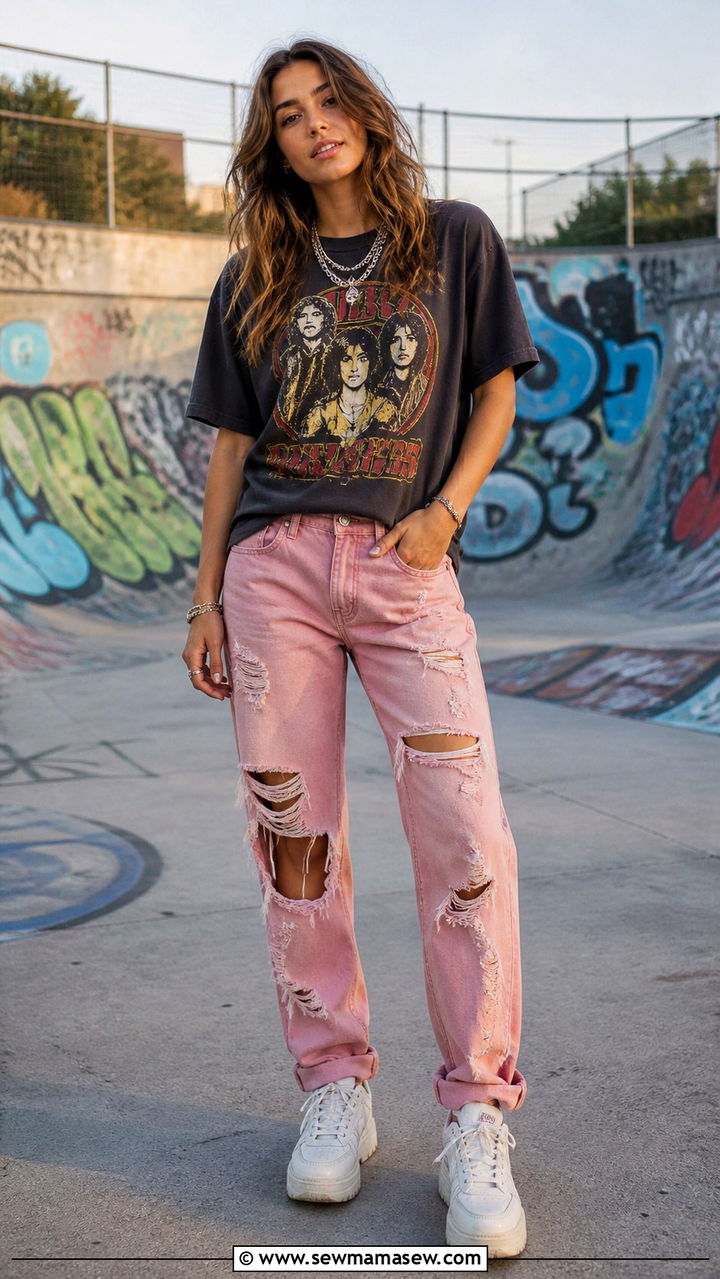 Distressed Colored Jeans With Graphic Tee And Chunky Sneakers - 40 Colored jeans outfit ideas