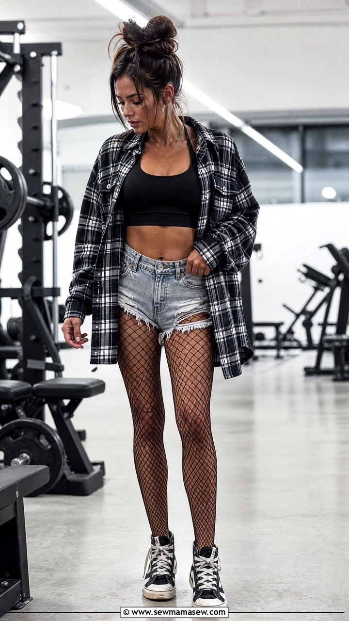 Distressed Denim Gym Shorts With Oversized Flannel - 25 Gym outfit ideas leg day
