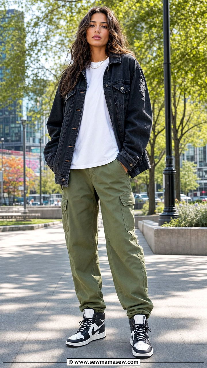 Distressed Denim Jacket Outfit with White Tee and Cargo Pants - 25 edgy capsule wardrobe outfits