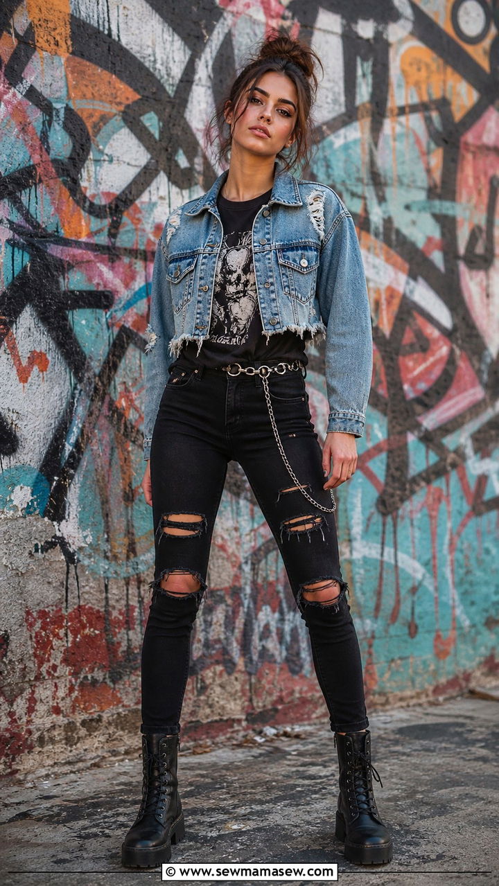 Distressed Denim Jacket Over Graphic Tee And Black Skinny Jeans - 40 grunge outfits