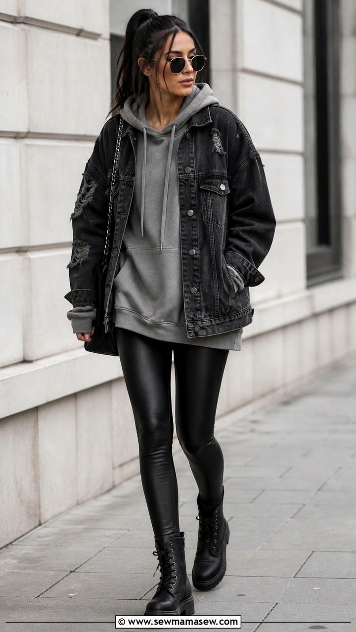 Distressed Denim Jacket Oversized Hoodie Faux Leather Leggings - 40 Grunge outfit ideas