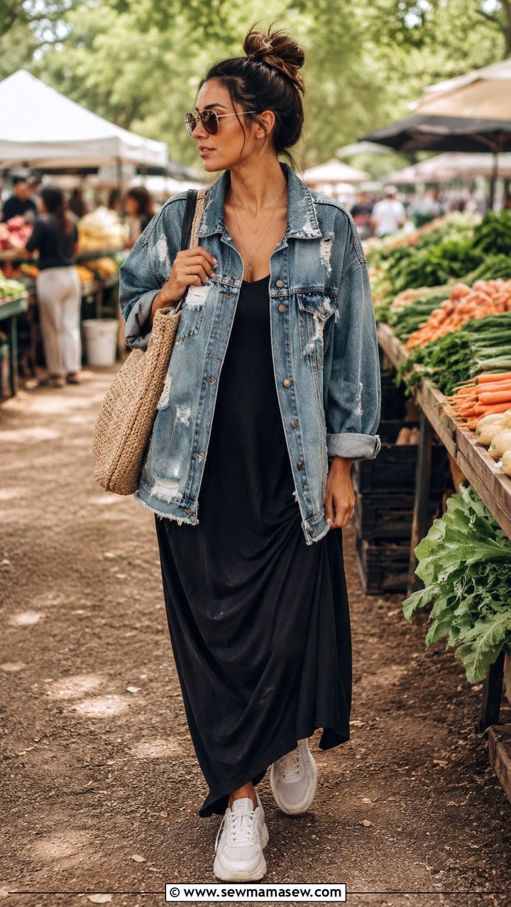 Distressed Denim Jacket With Maxi Dress And Chunky Sneakers - 30 Edgy spring outfits
