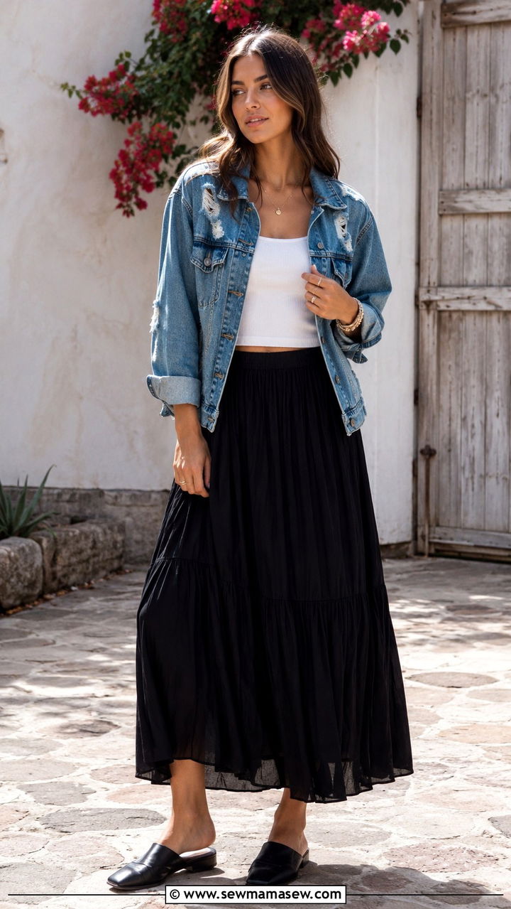 Distressed Denim Jacket With Maxi Skirt Outfit - 30 Rock and roll outfit ideas